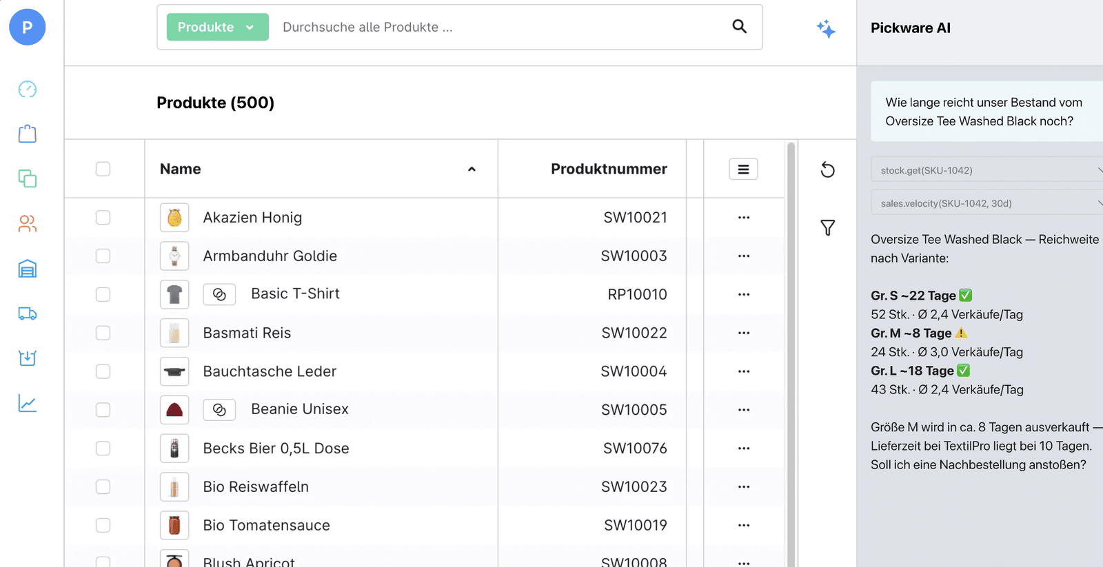 Le chat Pickware AI répond à une question sur les stocks dans l'administration